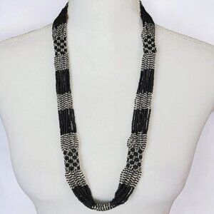 Artisan Infinity Seed Bead Necklace Black & Silver Tubular Weaving Multi Strand